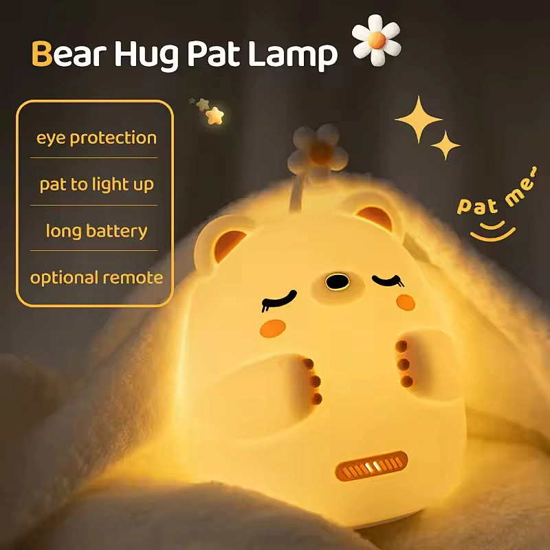 Cute Bear Tap Control Flower Lamps Girls Night Light Led Animal Children Rechargeable Light Gift Item Silicone Lights for Kids