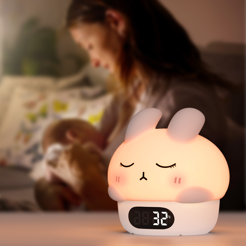 Cute Gift Rabbit Bunny Night Light Alarm Clock Kids Night Light Sleeping Relaxation Sleep Aid for Baby Night Lamp for Bedroom