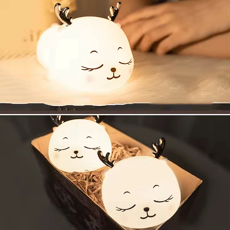 Cute Deer RGB Colorful Pat Control Bedside Decoration Home Room Unique Animal Silicone Night Light for Kids Baby Children