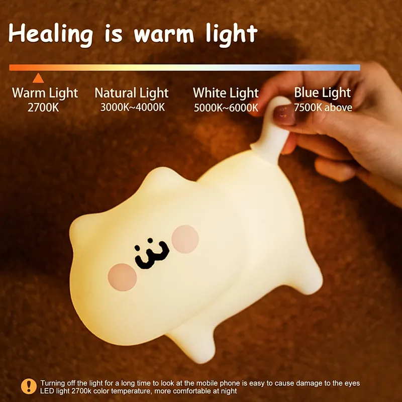 Cute Cat LED Night Light Modern Silicone Mini Lamp for Kids Room Bedroom Rechargeable with Warm Color Touch Power Generation