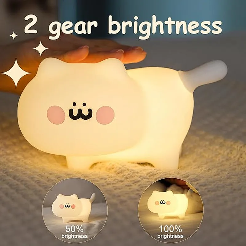 Cute Cat LED Night Light Modern Silicone Mini Lamp for Kids Room Bedroom Rechargeable with Warm Color Touch Power Generation
