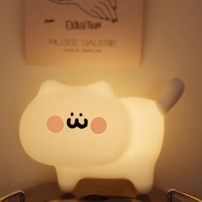 Cute Cat LED Night Light Modern Silicone Mini Lamp for Kids Room Bedroom Rechargeable with Warm Color Touch Power Generation