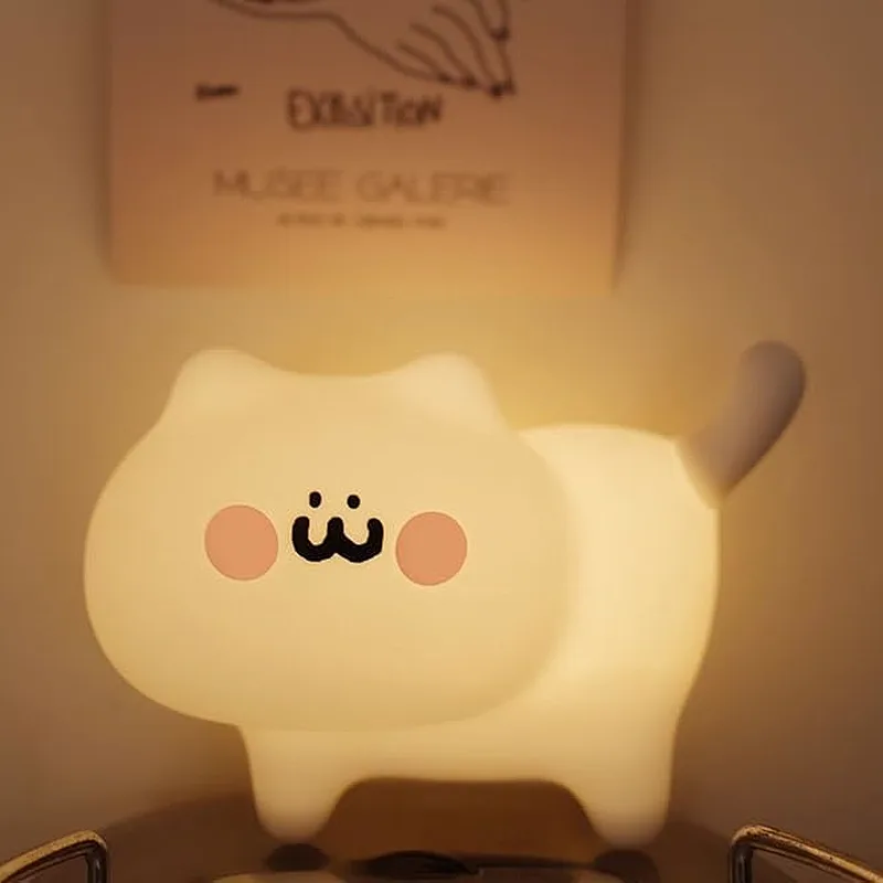Cute Cat LED Night Light Modern Silicone Mini Lamp for Kids Room Bedroom Rechargeable with Warm Color Touch Power Generation