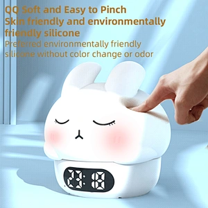 LED Rabbit Bedside Lamp Rotatable Smart Night Lamp Plug Into Wall Multi-function Cute Bunny Sleep Trainer Clock Kids Night Light