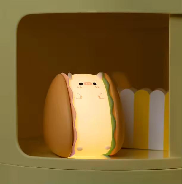Pig Shaped Hamburger Night Light Soft LED Lamp USB Rechargeable for Home Use Touch Light