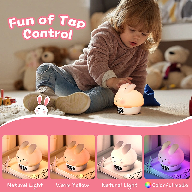 ICARER FAMILY Led Cute Silicone Night Light Rabbit Clock for Kids