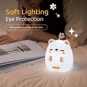 Cute Bear Tap Control Flower Lamps Girls Night Light Led Animal Children Rechargeable Light Gift Item Silicone Lights for Kids