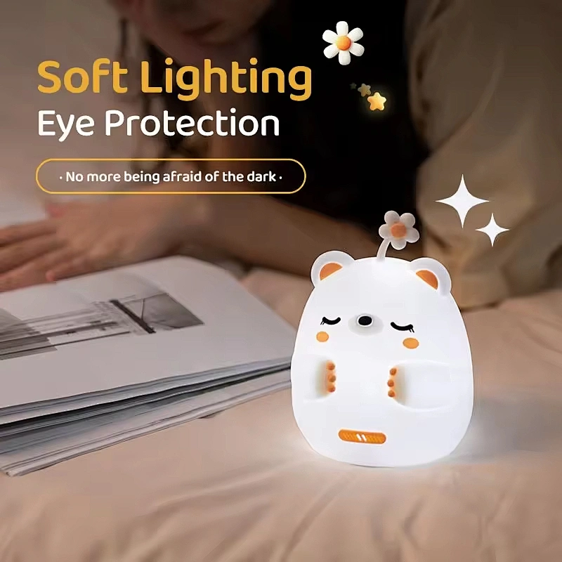 Cute Bear Tap Control Flower Lamps Girls Night Light Led Animal Children Rechargeable Light Gift Item Silicone Lights for Kids