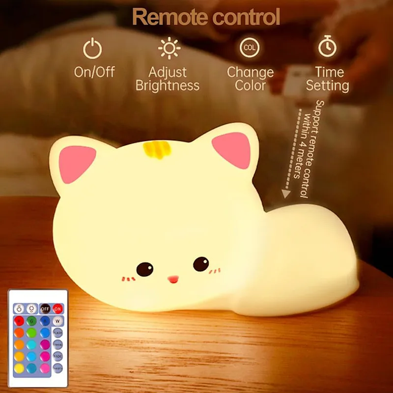 Hot Sale Rechargeable Silicone Cartoon Cat LED Night Lamp Cute Remote Control for Child Bedroom Use