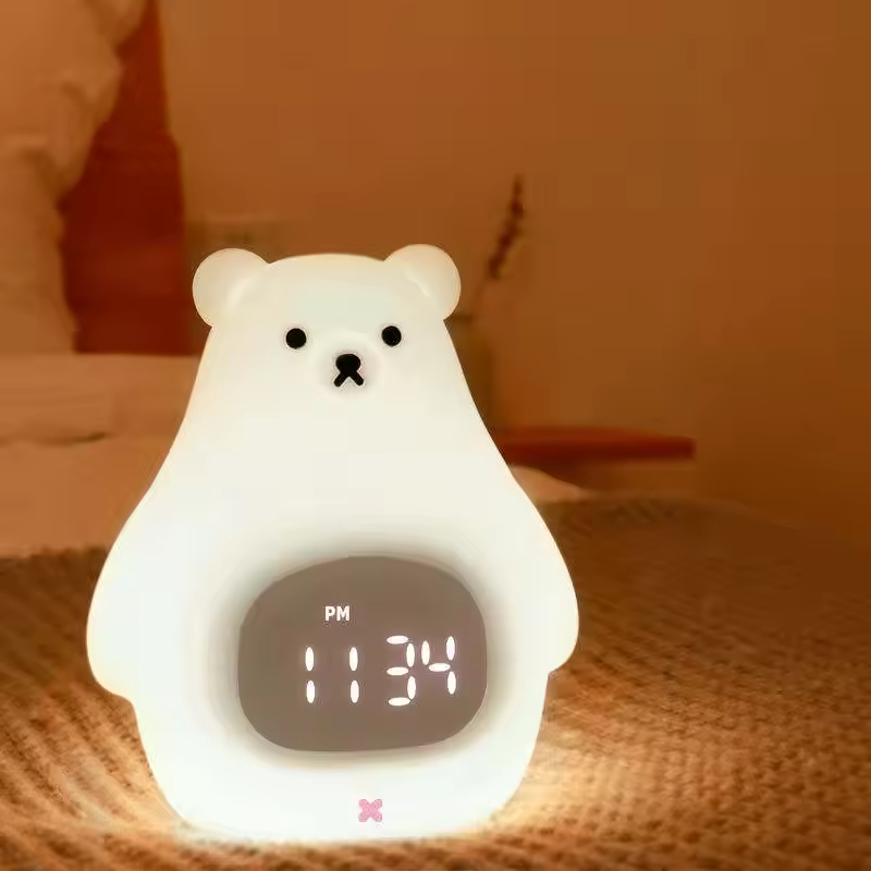 White Bear Children's Desk Clock LED Night Light Digital Sunrise Alarm Clock with Sleep Trainer Kids Bedroom Table Size