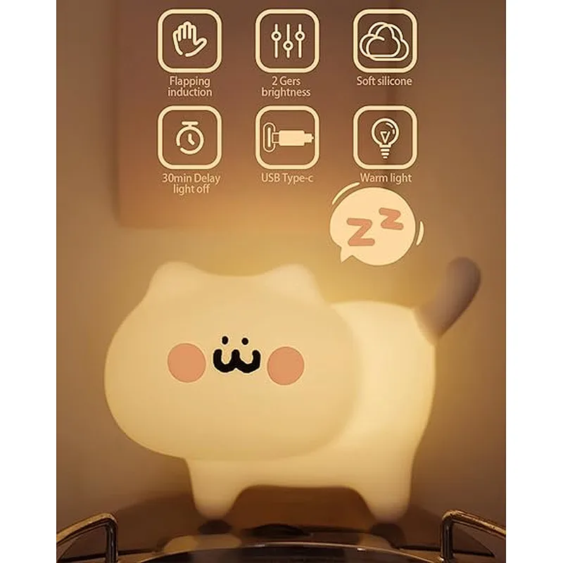 Cute Cat LED Night Light Modern Silicone Mini Lamp for Kids Room Bedroom Rechargeable with Warm Color Touch Power Generation
