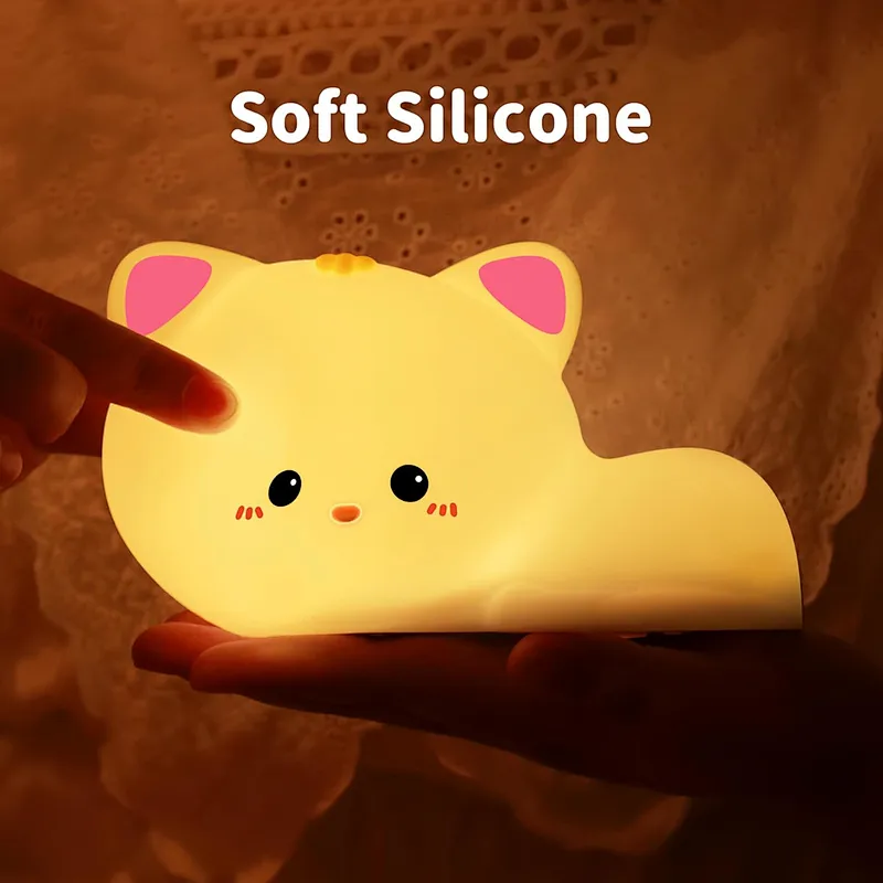 Hot Sale Rechargeable Silicone Cartoon Cat LED Night Lamp Cute Remote Control for Child Bedroom Use
