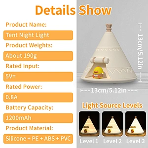 ICARER Modern Tent Shape Kids Night Light LED Warm Color USB Rechargeable Mini Size ABS & Silicone Material Duck Shape Room Use