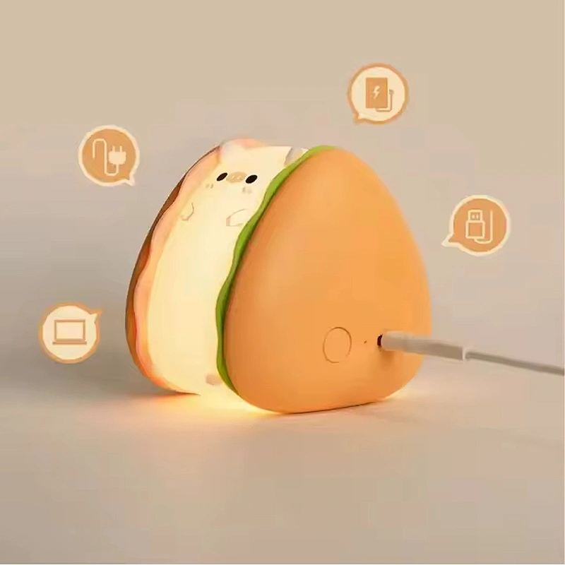 Pig Shaped Hamburger Night Light Soft LED Lamp USB Rechargeable for Home Use Touch Light