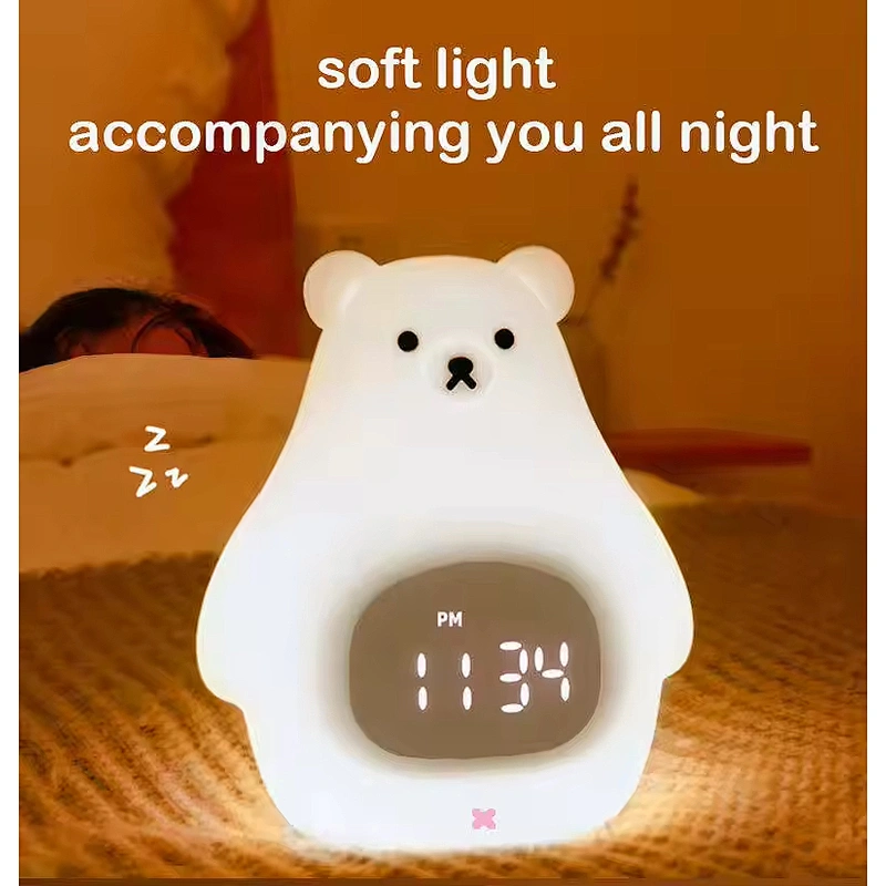 White Bear Children's Desk Clock LED Night Light Digital Sunrise Alarm Clock with Sleep Trainer Kids Bedroom Table Size