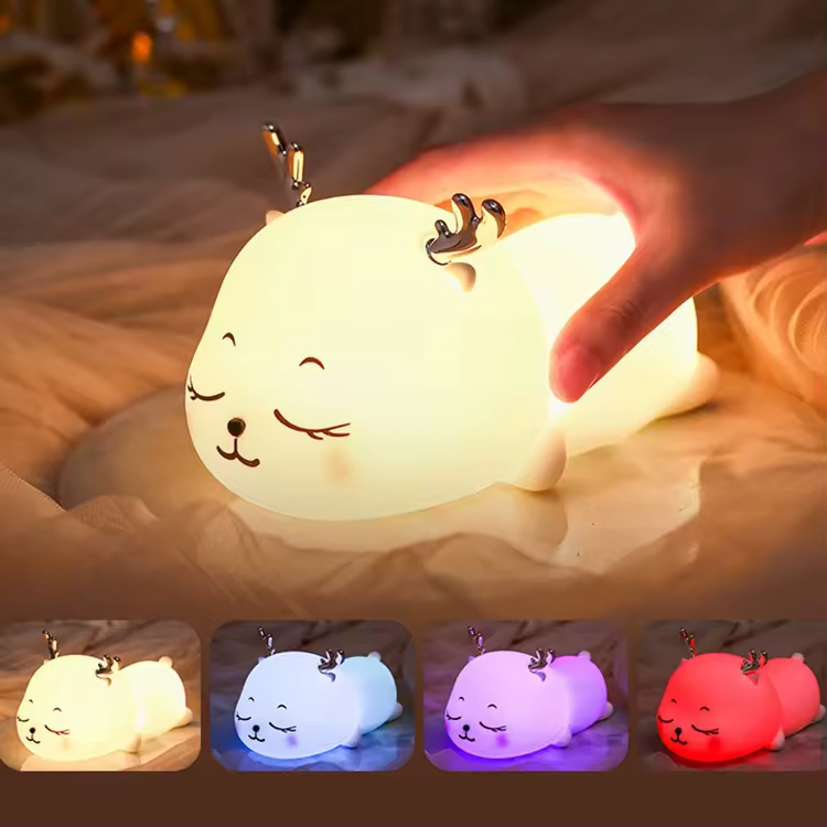 Cute Deer RGB Colorful Pat Control Bedside Decoration Home Room Unique Animal Silicone Night Light for Kids Baby Children