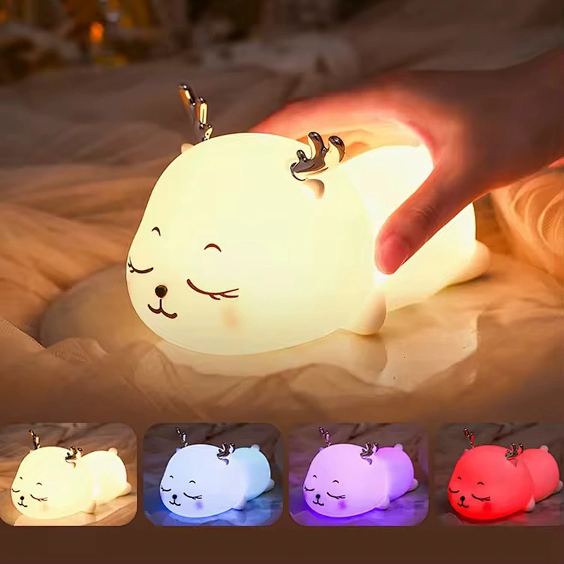 Cute Deer RGB Colorful Pat Control Bedside Decoration Home Room Unique Animal Silicone Night Light for Kids Baby Children