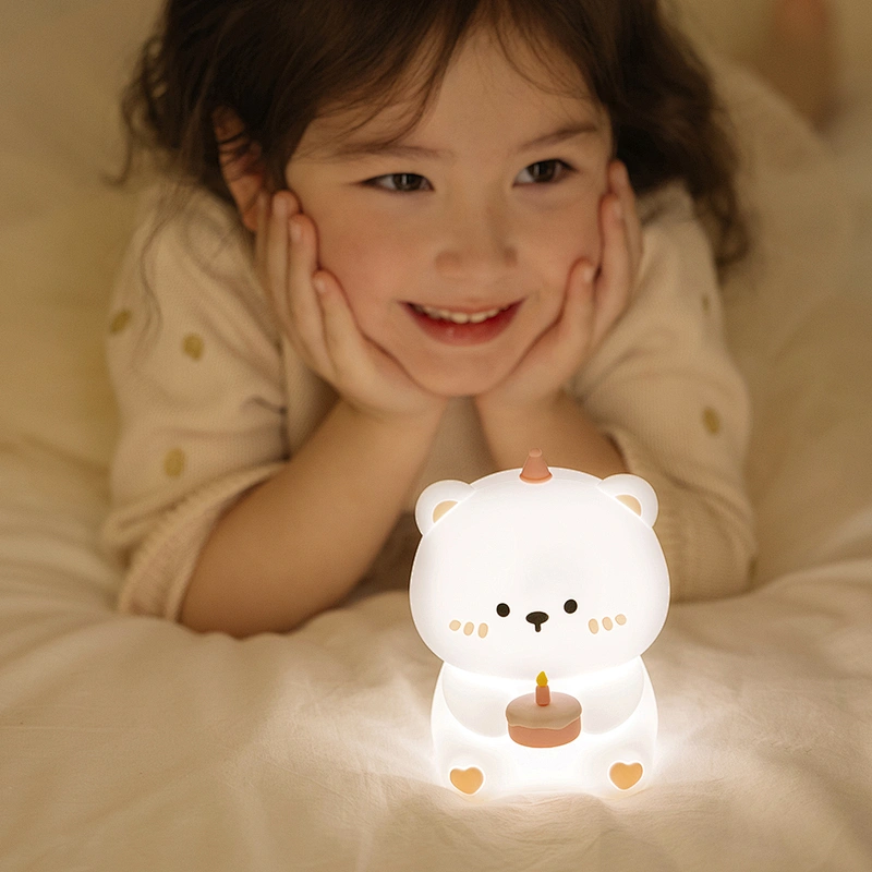 Cartoon Bear Birthday Cake Mini LED Night Light Tap Sensor Control Cute Silicone Table Lamp for Kids' Bedroom Room Usage