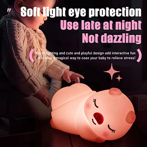 Cute Pig Silicone Animal Tap Dimmable Rechargeable USB Led Battery Cartoon Kids Children Baby Smart Night Light for Bedroom