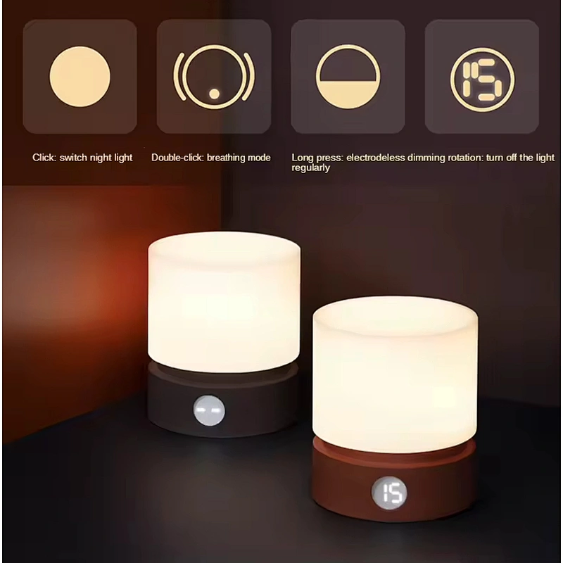 Home Decoration Wooden Cylindrical Rotating Timing Desk Warm Lamp Led Rechargeable Digital Display Bedside Night Light for Kids