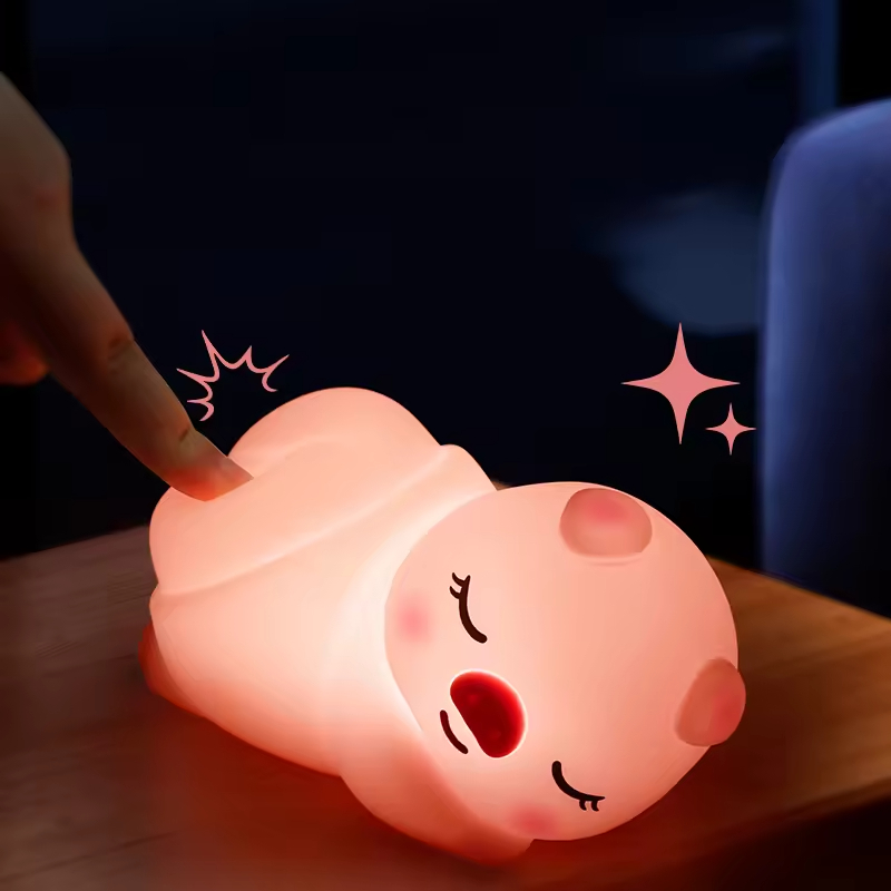 Cute Pig Silicone Animal Tap Dimmable Rechargeable USB Led Battery Cartoon Kids Children Baby Smart Night Light for Bedroom