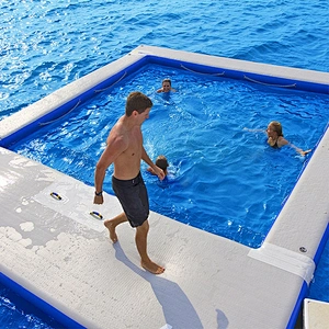 Double Layer DWF Drop Stitch Material Foldable 4x2x0.2m Inflatable Sea Ocean Pool With Netting Enclosure Anti Jellyfish
