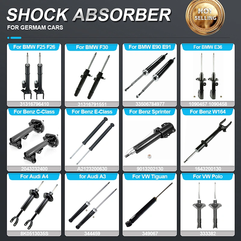Car Front Rear Shock Absorber for BMW E60 E90 E36 Mercedes Benz Sprinter Audi A4 Q5 VW Passat Golf Opel Astra Porsche German Car