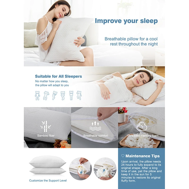 Shredded Memory Foam Pillow Orthopaedic Neck and Head Support Pillow with Hypoallergenic Washable Zipped Cover Bed Pillow 48x74