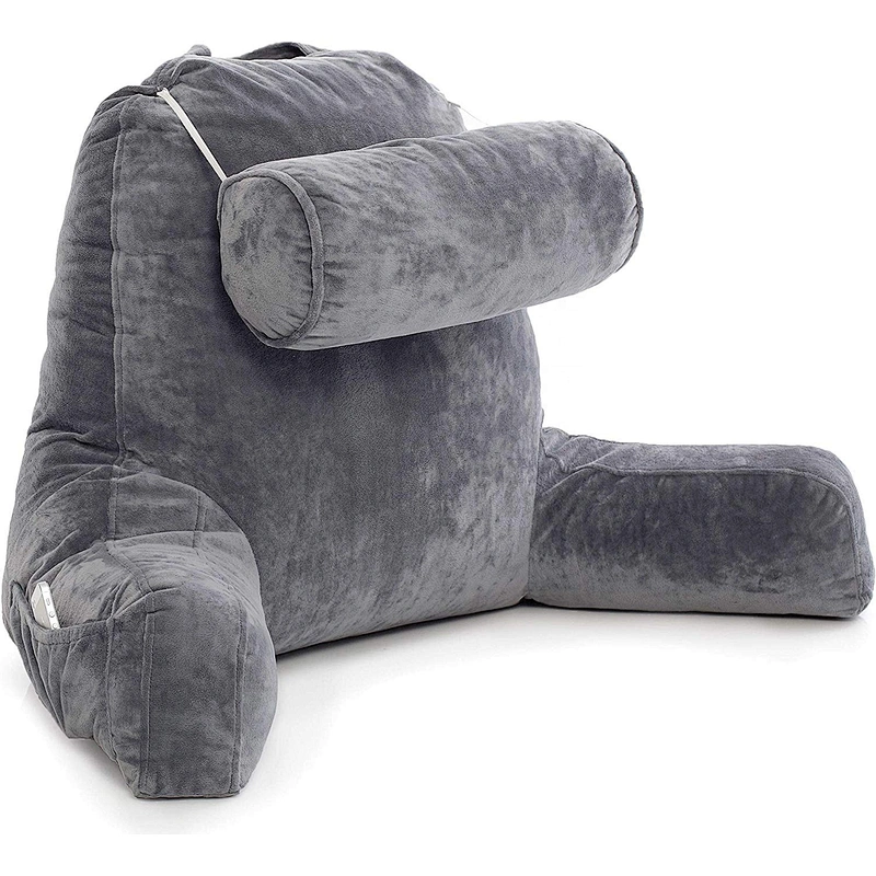Dark Grey, Big Backrest Reading Bed Rest Pillow with Arms, Remove Neck Roll Off Bungee tv pillow