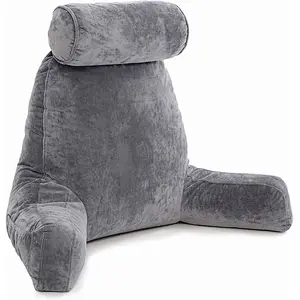 Dark Grey, Big Backrest Reading Bed Rest Pillow with Arms, Remove Neck Roll Off Bungee tv pillow