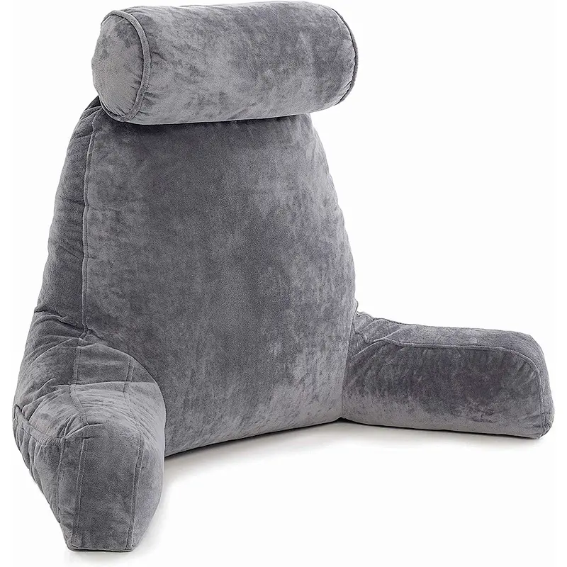 Dark Grey, Big Backrest Reading Bed Rest Pillow with Arms, Remove Neck Roll Off Bungee tv pillow