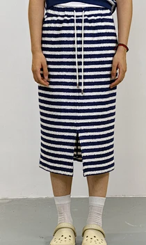 Striped Drawstring Terry Jersey Casual Skirt
