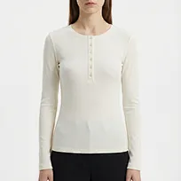 Top henley de manga larga acanalado para mujer