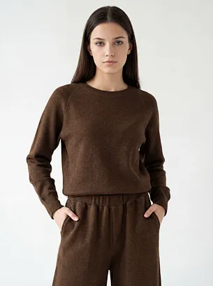 Women's Brown Melange Hacci Interlock Crew Neck Sweatshirt