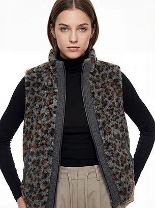 Veste zippée sans manches en Sherpa à imprimé léopard