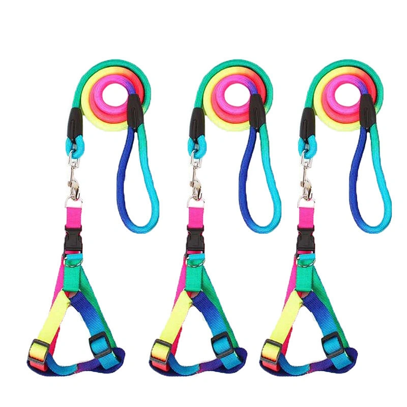 Bright Rain bow Colors Super Soft and Smooth Edge Chest Size Adjustable Pets Dog Rope Leash Harness Set
