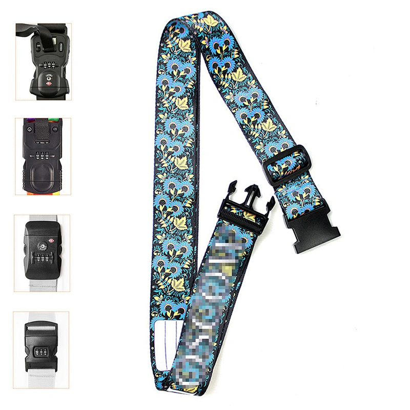 2024 Custom Sublimated Print Logo Flower Adjustable Travel Case TSA Lock Buckle Polyester Suitcase Belt Luggage Strap
