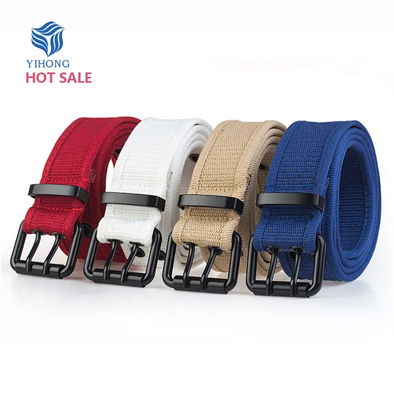 Custom Casual Jeans Women Men Middle Young Cloth Fabric Double Two Pin Needle Metal Buckle Canvas Nylon Belt
