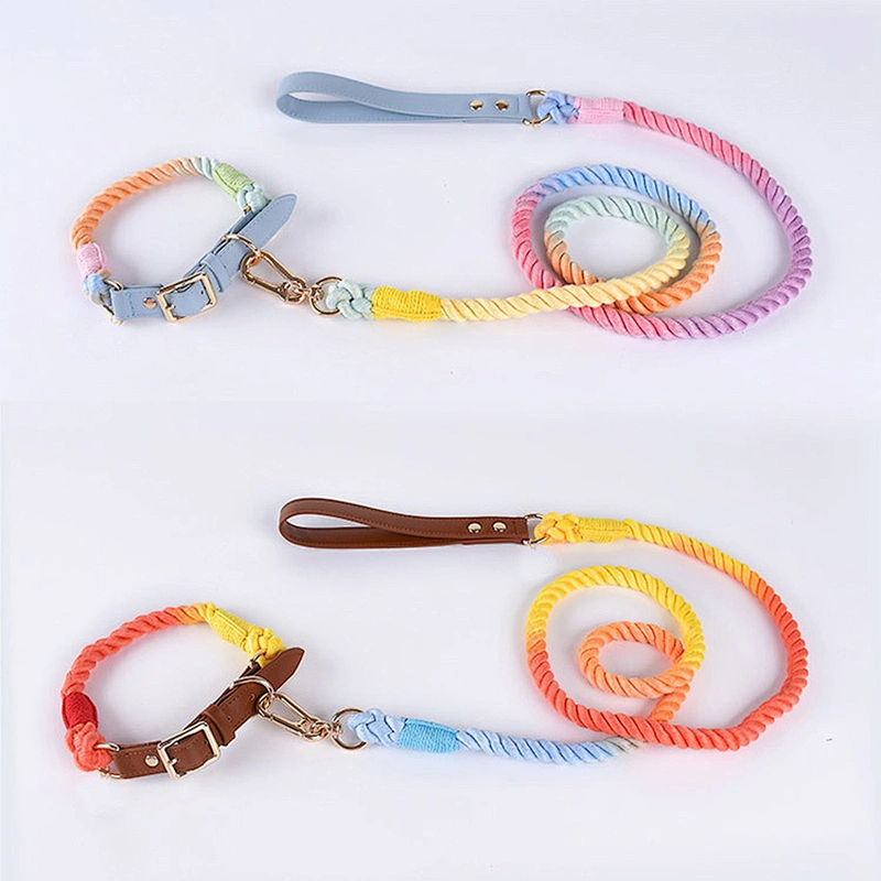 Wholesale Luxury Fashion Colorful Woven Braided Rainbow Cotton Cute Gradient and Collar Rope Set Pet Dog Leash
