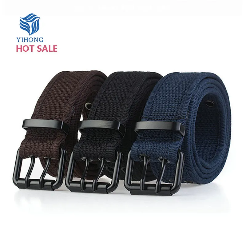 Custom Casual Jeans Women Men Middle Young Cloth Fabric Double Two Pin Needle Metal Buckle Canvas Nylon Belt