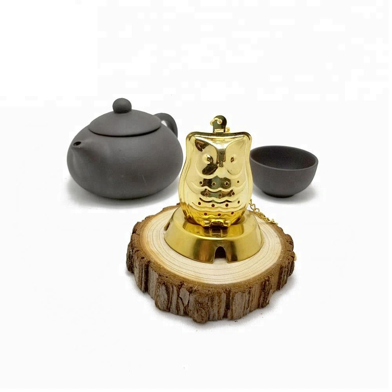 New design stainless steel titanium gold plating owl shape tea infuser with chain