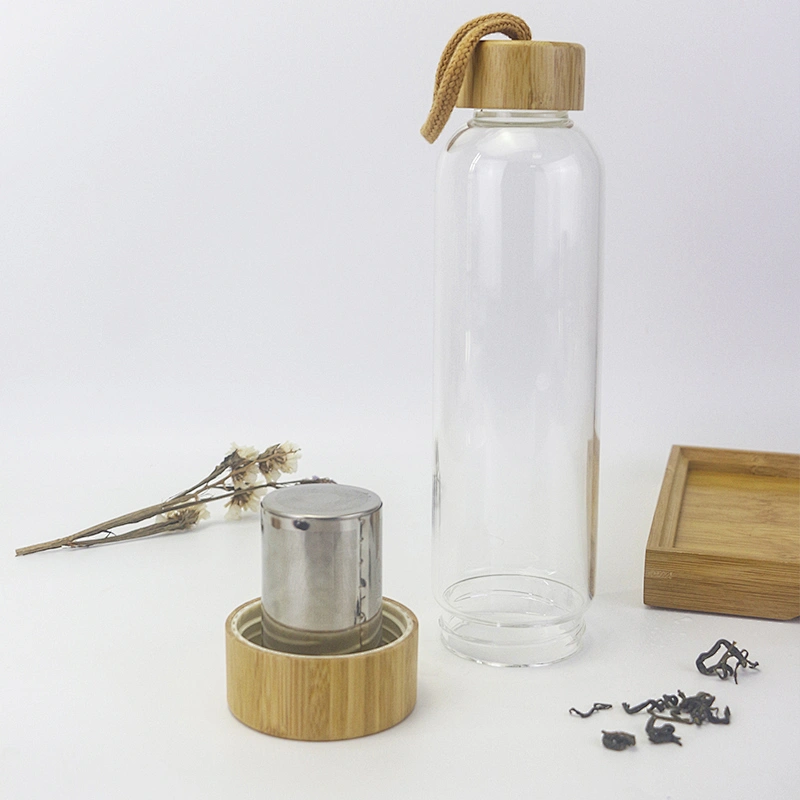 high borosilicate glass water bottle drinking bottle with tea infuser bamboo lid