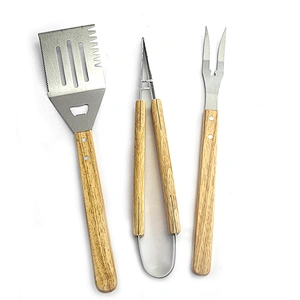 China supply barbeque wooden handle grill set 3 piece bbq set