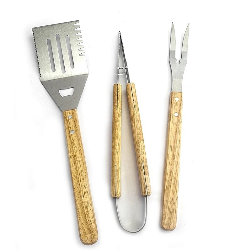 China supply barbeque wooden handle grill set 3 piece bbq set