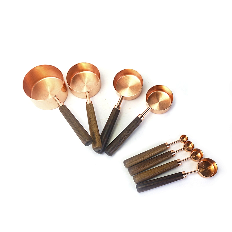 Gold Color Stainless Steel  Tea Coffee Seasoning Sets  Measuring Cup And Spoon With Wooden Handle