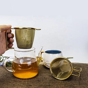 Titanium gold plating stainless steel tea strainer mesh gold  tea infuser with two handle tea maker for mug and pot