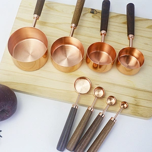 Gold Color Stainless Steel  Tea Coffee Seasoning Sets  Measuring Cup And Spoon With Wooden Handle