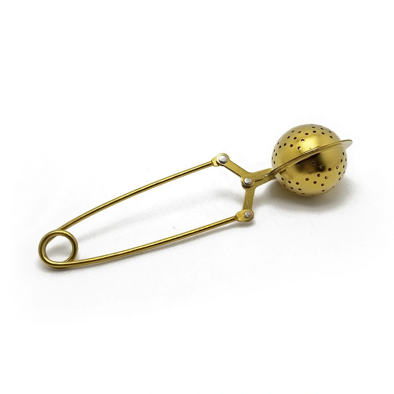 Food grade stainless steel titanium gold plating ball shape tea infuser with clamping handle