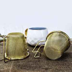 Titanium gold plating stainless steel tea strainer mesh gold  tea infuser with two handle tea maker for mug and pot