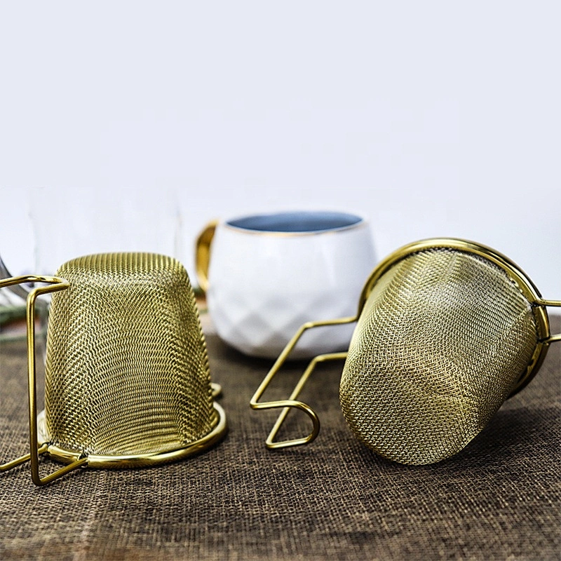 Titanium gold plating stainless steel tea strainer mesh gold  tea infuser with two handle tea maker for mug and pot